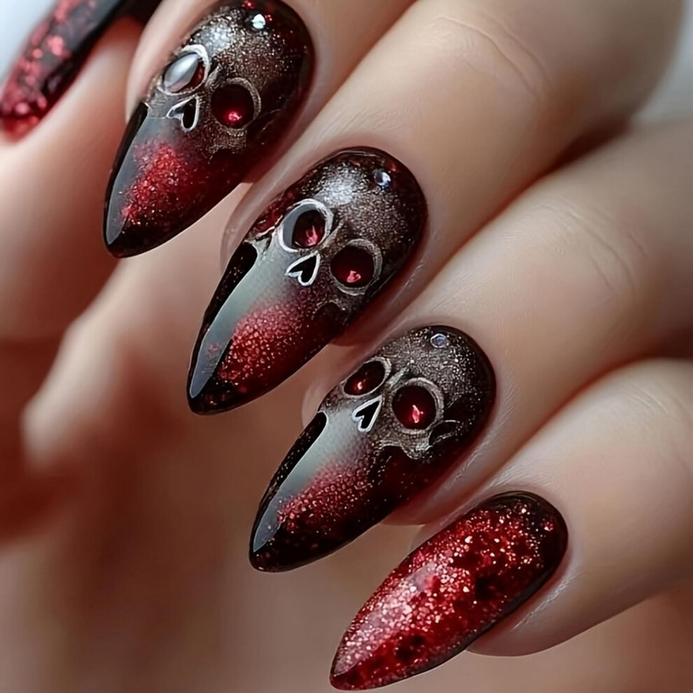 Halloween Press on Nails Red Black Almond Shape Fake Nails with Skull Design Reusable 24pcs Set