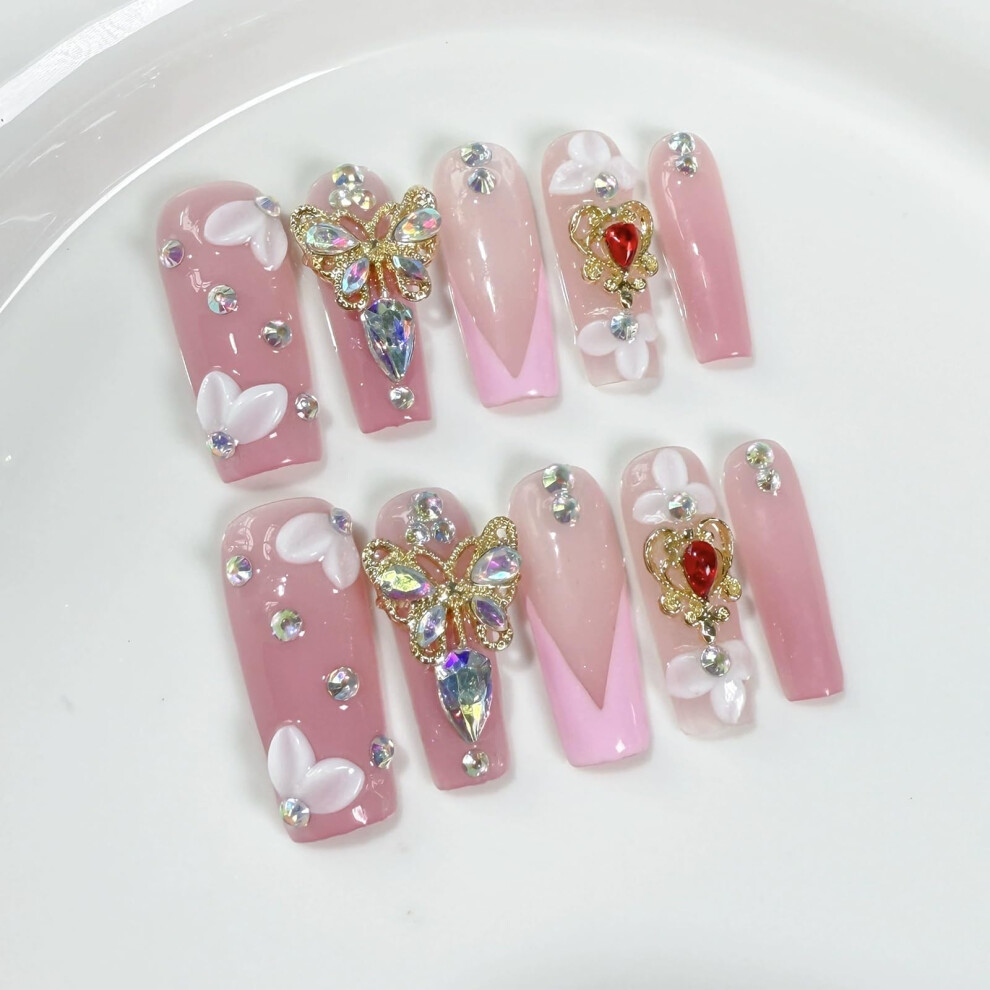 Pink Press On Nails Coffin Fake Nails With 3D Butterfly Rhinestones Long Acrylic Reusable Set
