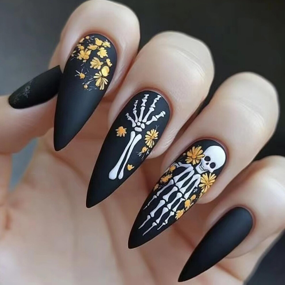 Black Medium Almond Press On Nails Matte Gothic Skull Design 24Pcs Halloween Acrylic Fake Nails