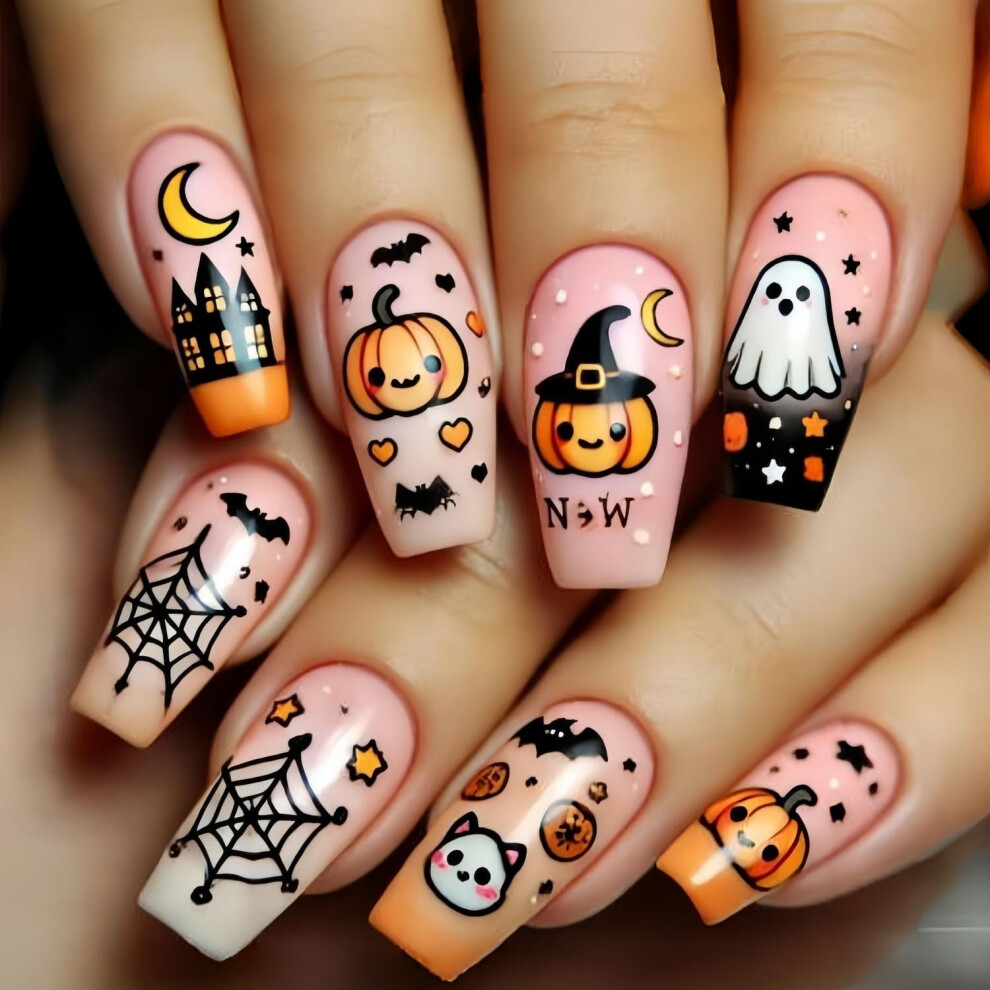 Pink,White Halloween Press On Nails Long Coffin Fake Nails With Pumpkin Ghost Designs Pink White Gradient 24Pcs