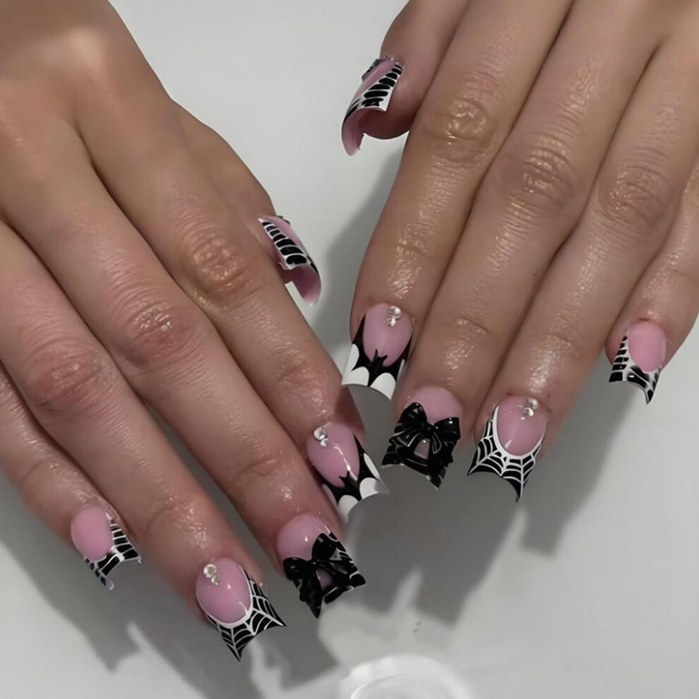24 PCS Halloween Short French Press On Nails with Bats Spiderwebs Rhinestones 3D Bows for Women Girls