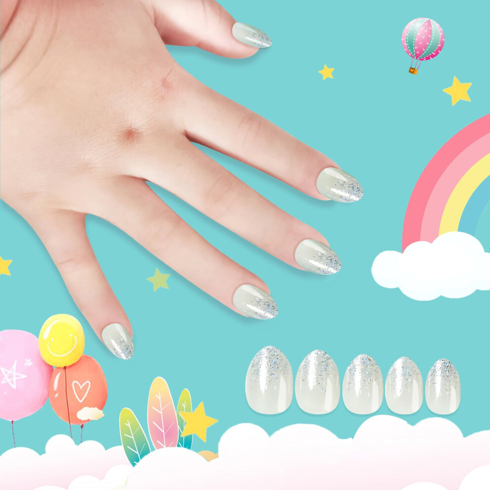 Press On Nails for Kids Almond Shape with Glue Crystal Diamonds Reusable Salon Quality