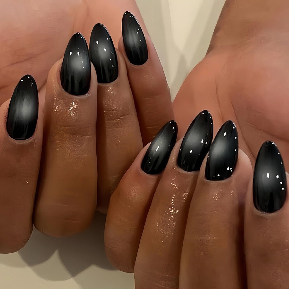 Black Medium Almond Press On Nails Ombre Goth Acrylic 24Pcs Readytowear Manicure