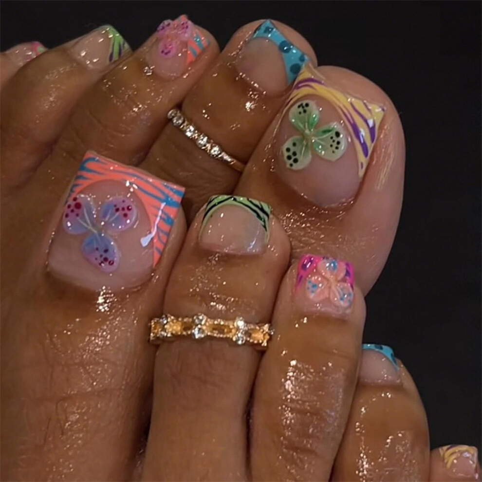 Press On Toenails with Colorful French Tip and Flower Design, Fake Acrylic Toe Nails 24pcs