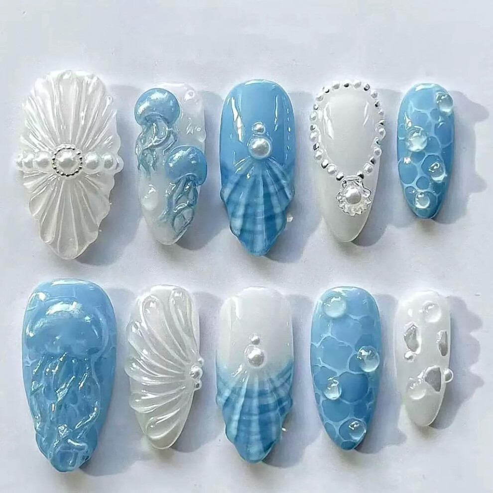 Blue,White 30Pcs Almond Press On Nails Blue French Tip Acrylic False Nails 3D Shell Pearl Ocean Theme