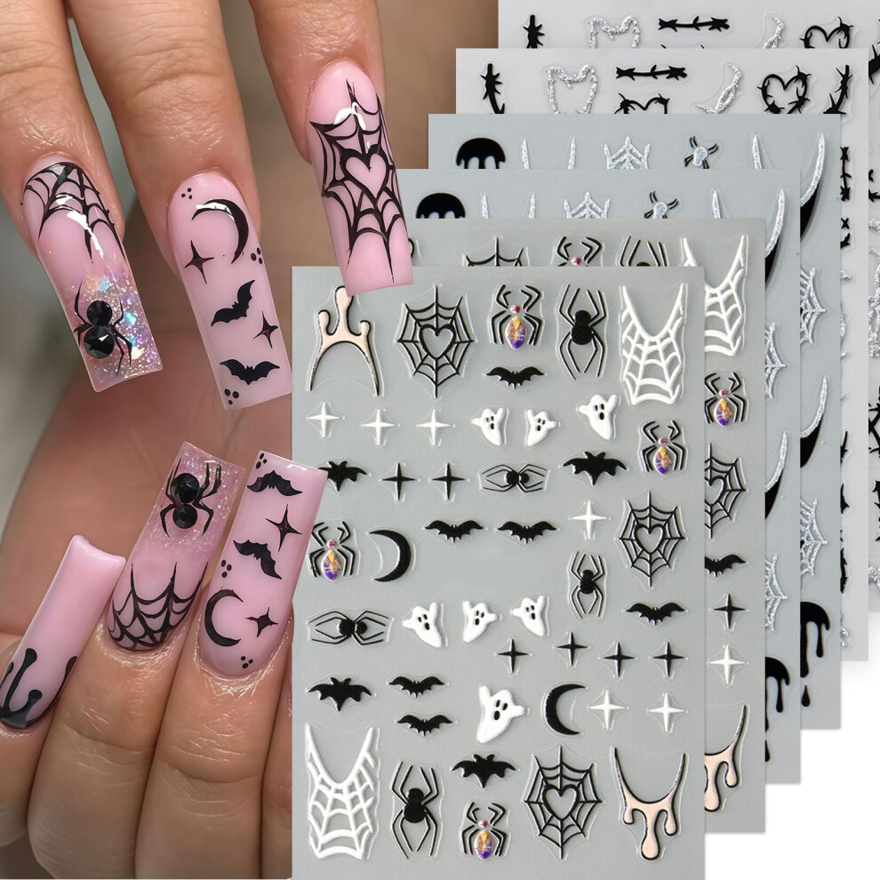 6 Sheets Halloween Nail Stickers with Gothic Designs, 3D Ghost and Bat Decals, Glitter Spider Webs