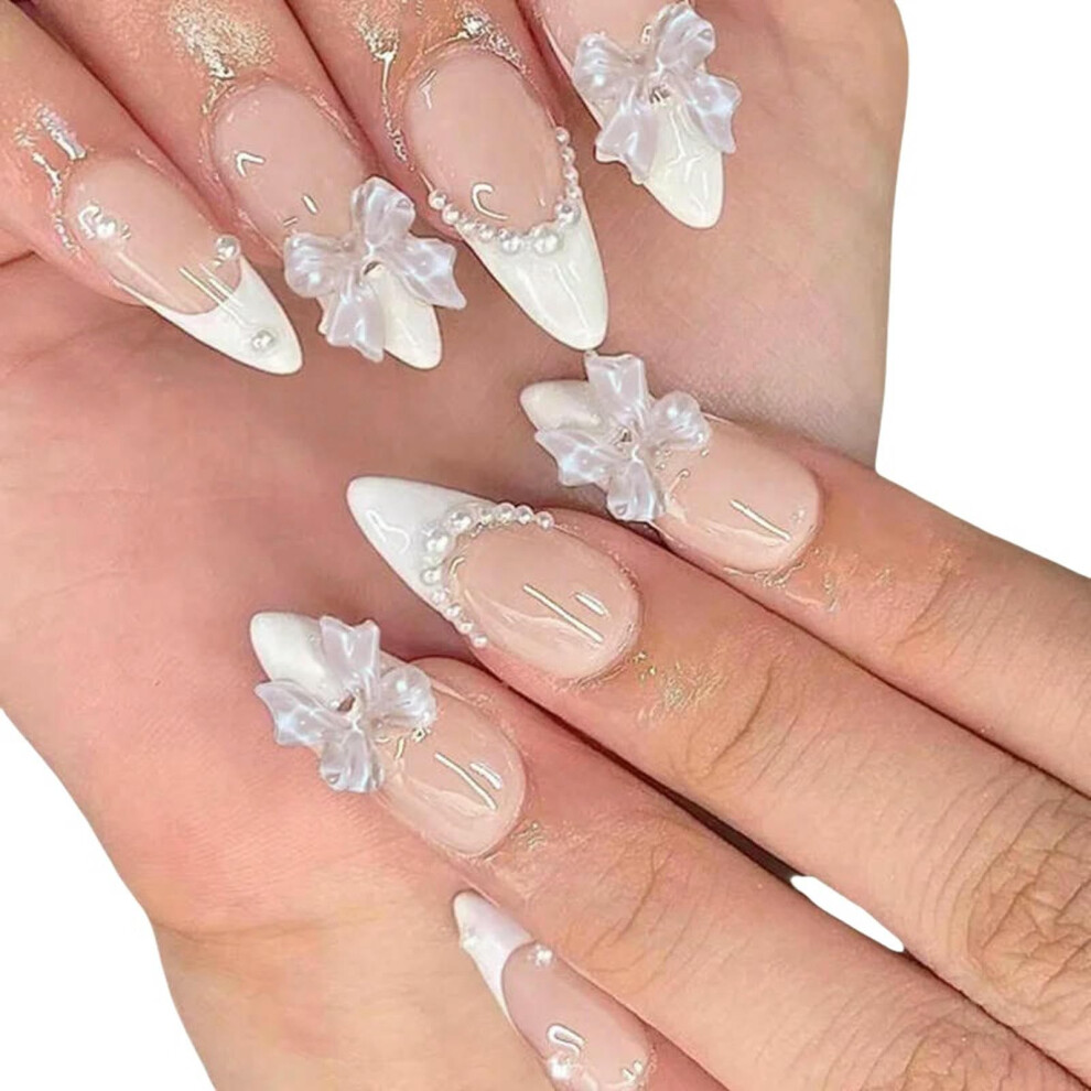 24pcs Cat Eye French Press On Nails with 3D Bow Knot Acrylic False Nail Tips Almond Shape