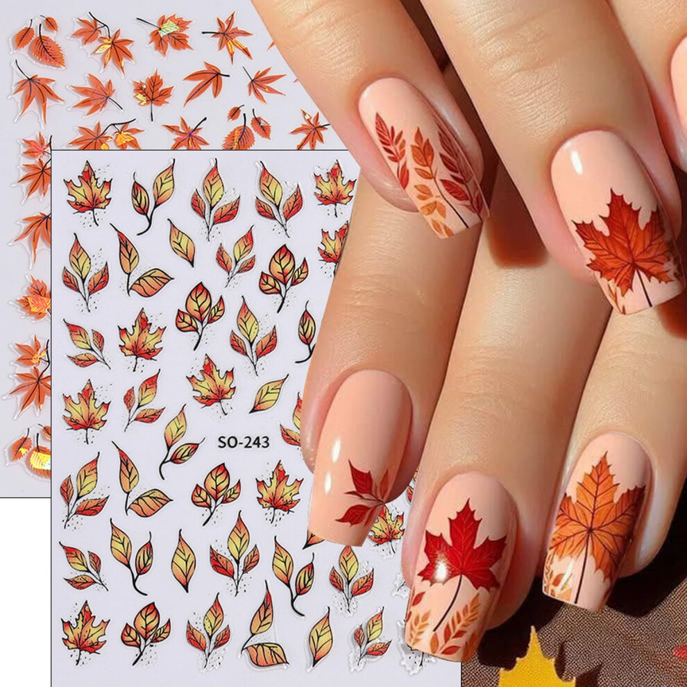 Fall Nail Stickers with Holographic Maple Leaves, SelfAdhesive Autumn Nail Art Decals, 2 Sheets