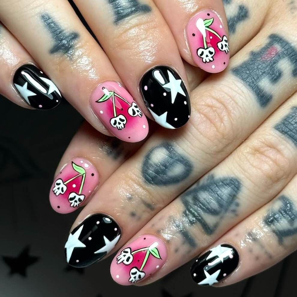 Halloween Press On Nails Short Oval Black Pink Skull Design, Reusable Fake Nails Set 24Pcs