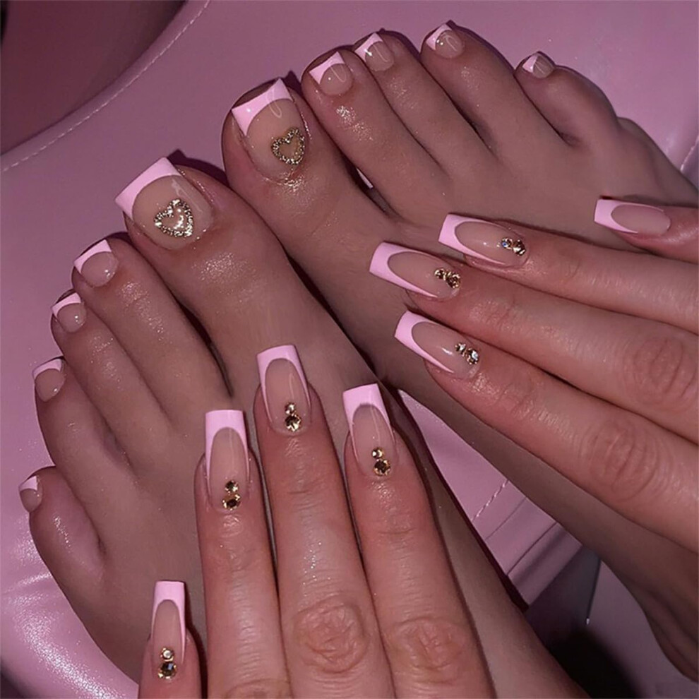 Pink 48Pcs French Press On Nails With Rhinestones Short Coffin Fake Nails Set For Women Girls
