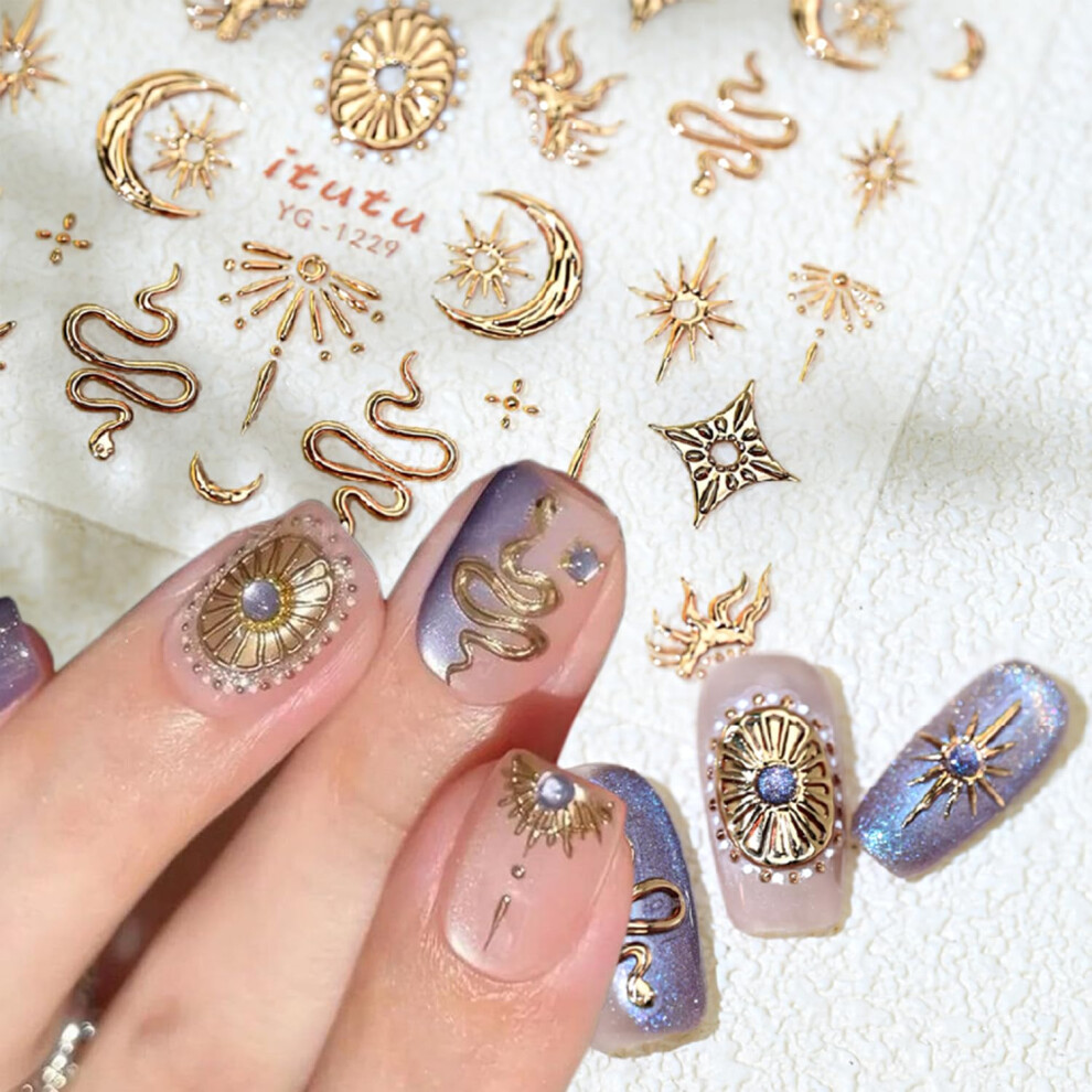 Gold Nail Stickers 5D Embossed Self Adhesive Star Moon Snake Flame Designs For Diy Manicure