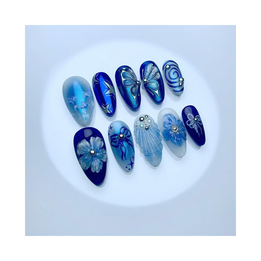 24Pcs Blue Almond Press on Nails with 3D Butterfly Ombre Acrylic Full Cover Reusable Tips