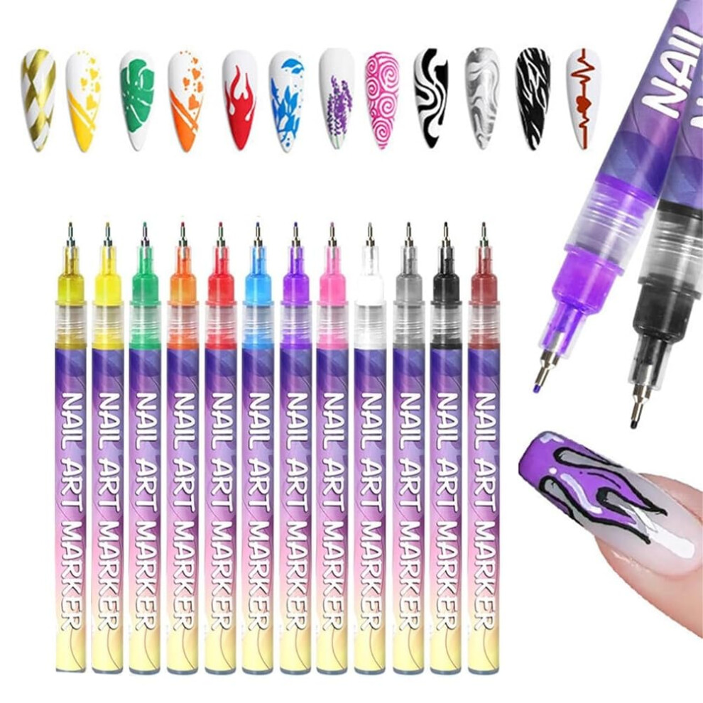 Nail Art Pens Set 12 Colors with Precision 0.5mm Tip for Gel Nails and Acrylic Manicure
