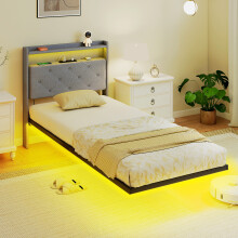 (S) HOMCOM Floating Bed Frame with RGB Lights, Upholstered Single Size Bed, Grey
