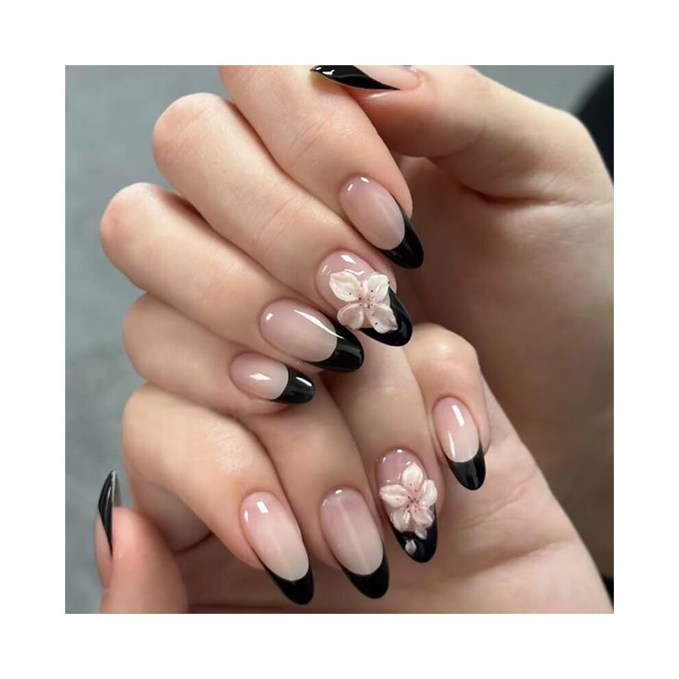 Silver 24Pcs Almond Shaped Press On Nails With Glitter French Tip, Reusable Kit With Glue