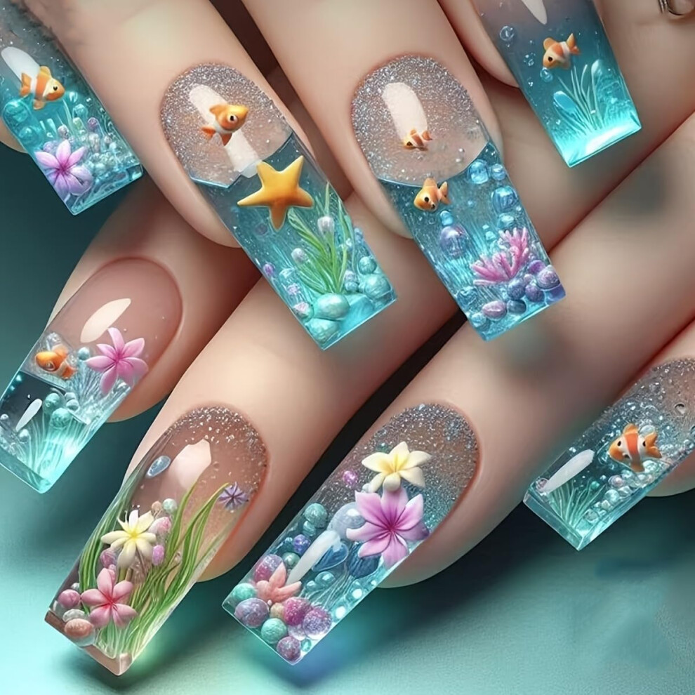 24 Pcs Long Square Press on Nails Ocean Acrylic Design Reusable False Nails with Glue