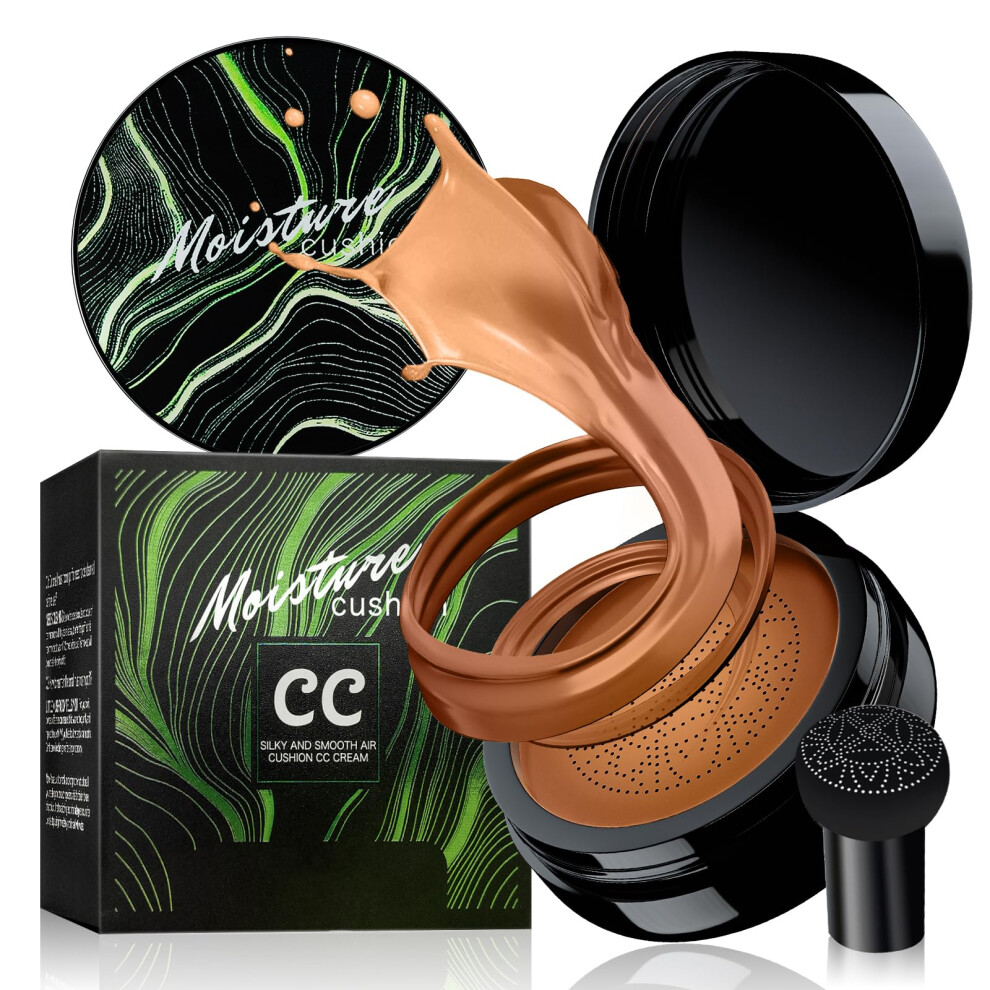 Cream/Dark Cc Foundation With Mushroom Sponge Applicator, Flawless Longlasting Bb Brown