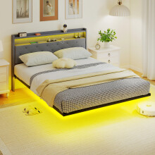 (L) HOMCOM Floating Bed Frame with RGB Lights, Upholstered Single Size Bed, Grey