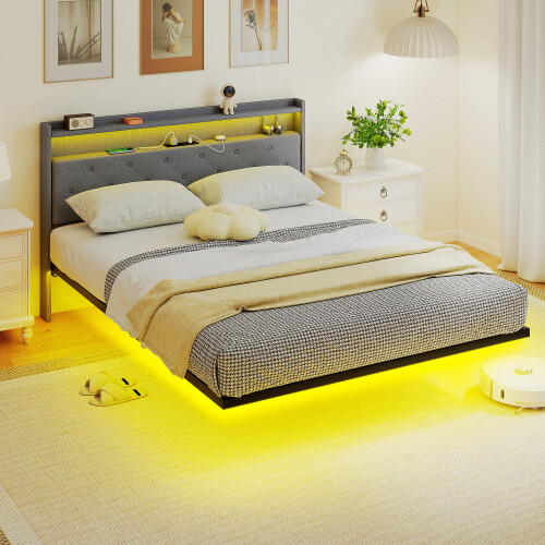 Homcom (L) HOMCOM Floating Bed Frame with RGB Lights, Upholstered Single Size Bed, Grey