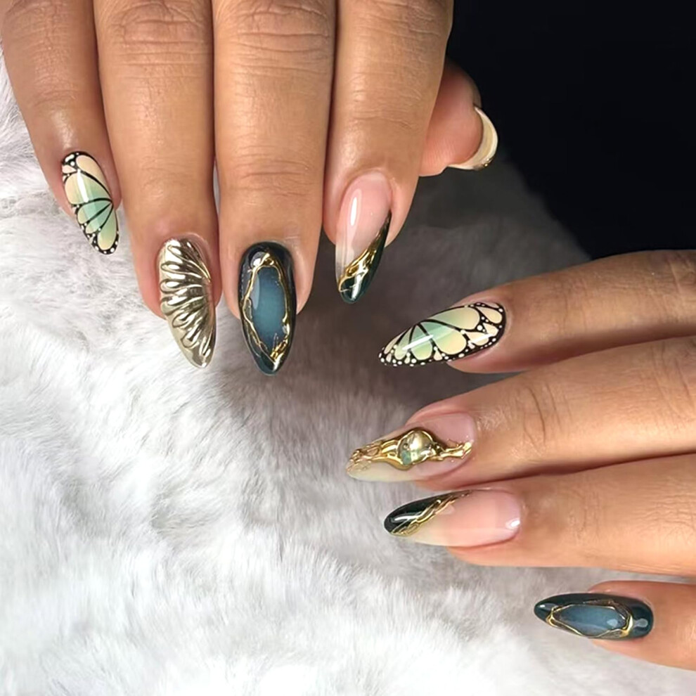 Press On Nails Medium Almond French Tip with 3D Butterfly Design Reusable Acrylic Fake Nails Set