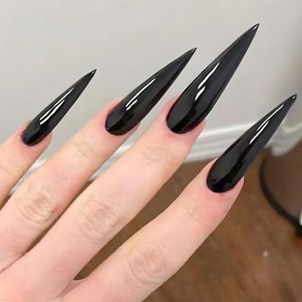 Long Stiletto Black Press On Nails Set, Reusable Glossy Fake Nails with Quick Salon Finish, 24Pcs