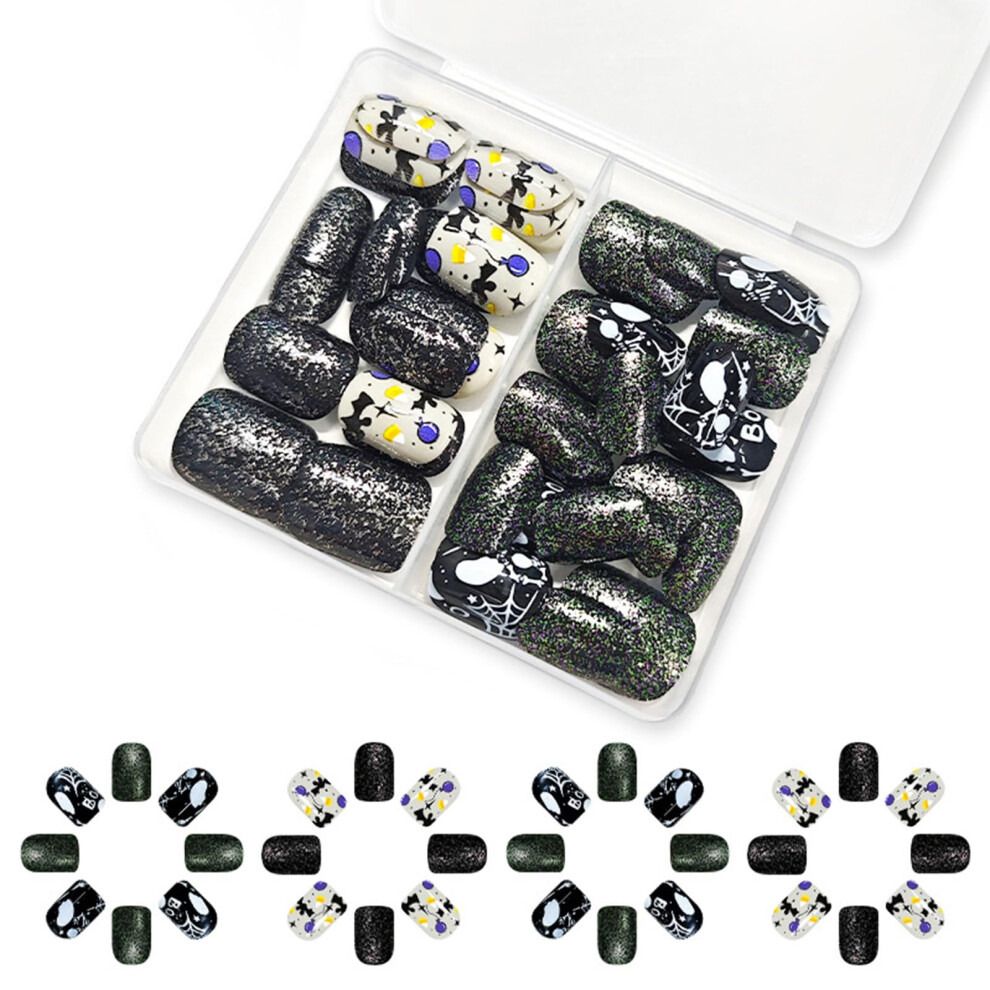 Blue Halloween Ghost Press On Nails Set With Skull Skeleton Glitter Coffin Style False Nails
