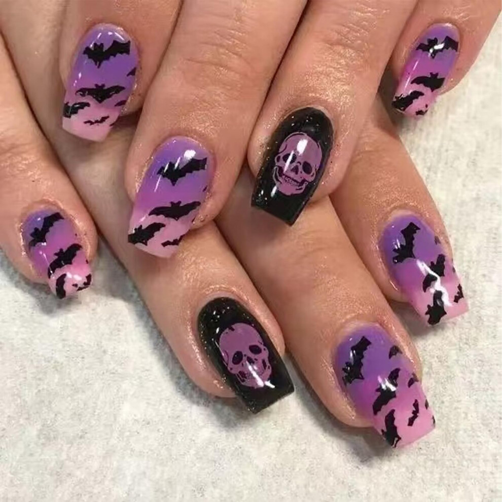 Black,Purple Purple Black Gradient Halloween Bat Skull Press On Nails Short Square Acrylic Fake Nails 24Pcs