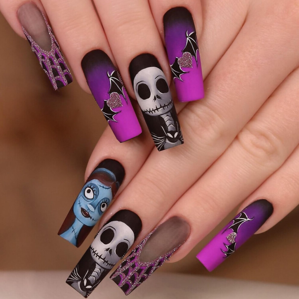 Black,Purple 24Pcs Halloween Press On Nails Long Coffin Black Purple Bat Design Fake Nails Reusable Acrylic Tips