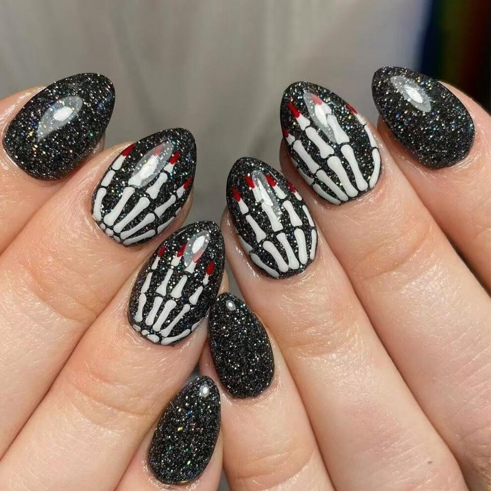 Black Halloween Almond Press On Nails Glitter Skeleton Design Fake Nails Reusable Set 24Pcs