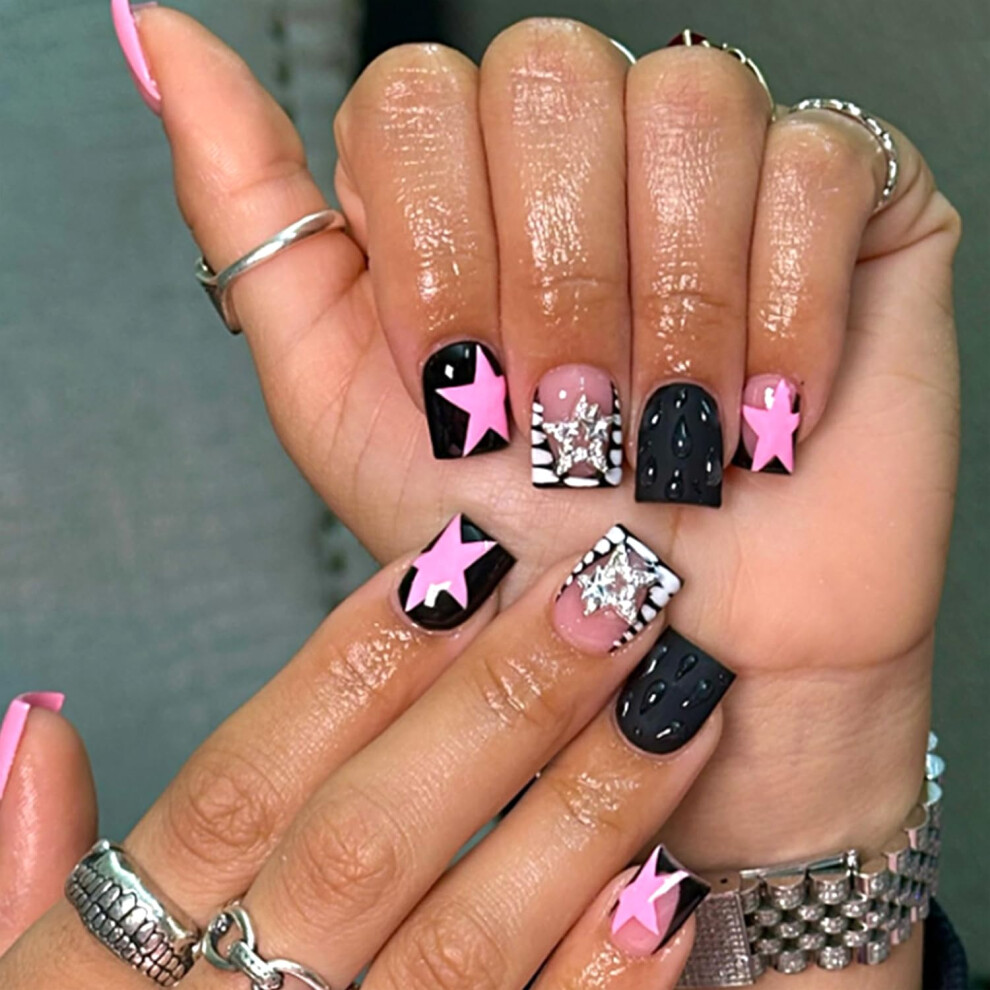 Women's Pink Stars Press On Nails With 3D Star French Tips Short Coffin Fake Nails Reusable For