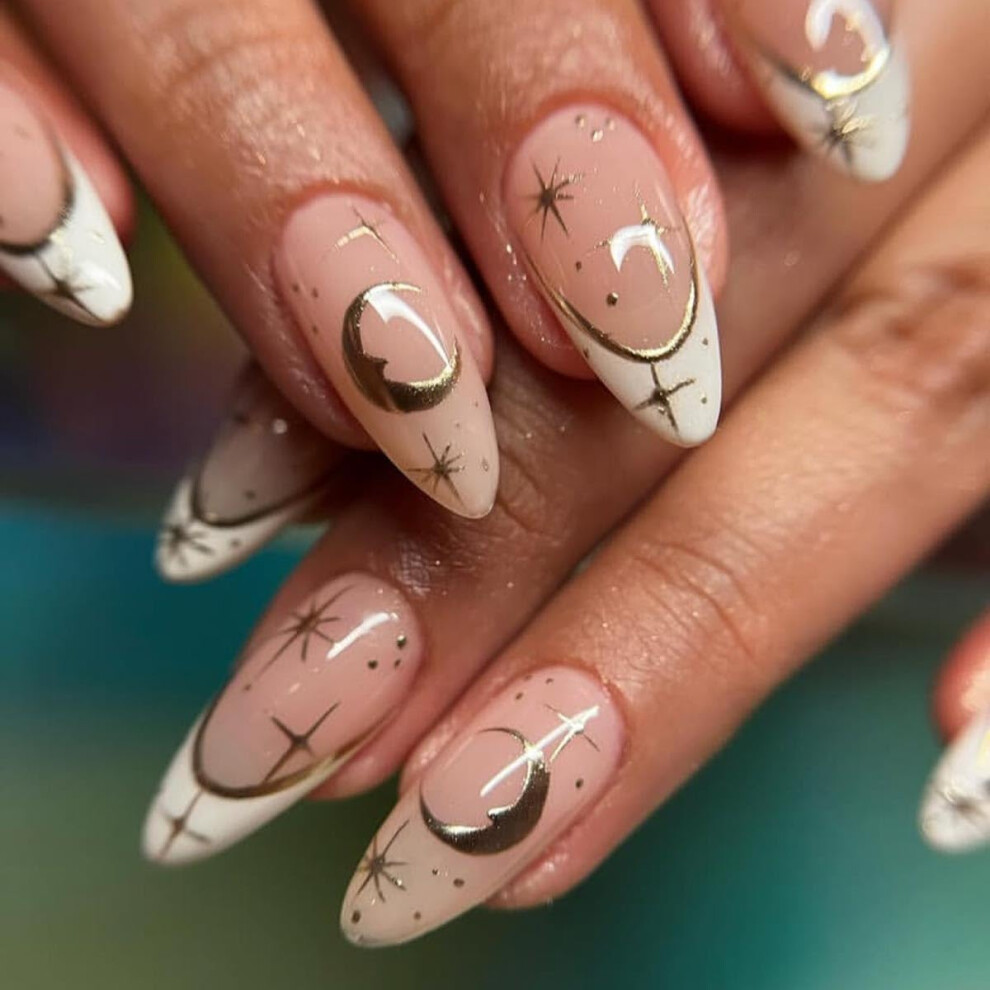 Stiletto Press on Nails Nude Gold Moon Star Accents, Reusable False Nails for Women Boho Celestial