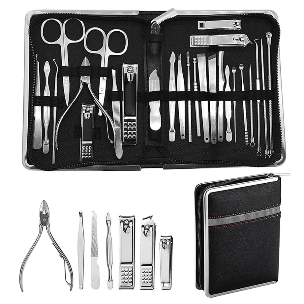 26 Piece Stainless Steel Manicure Set with Nail Clippers and Grooming Tools in Travel Case