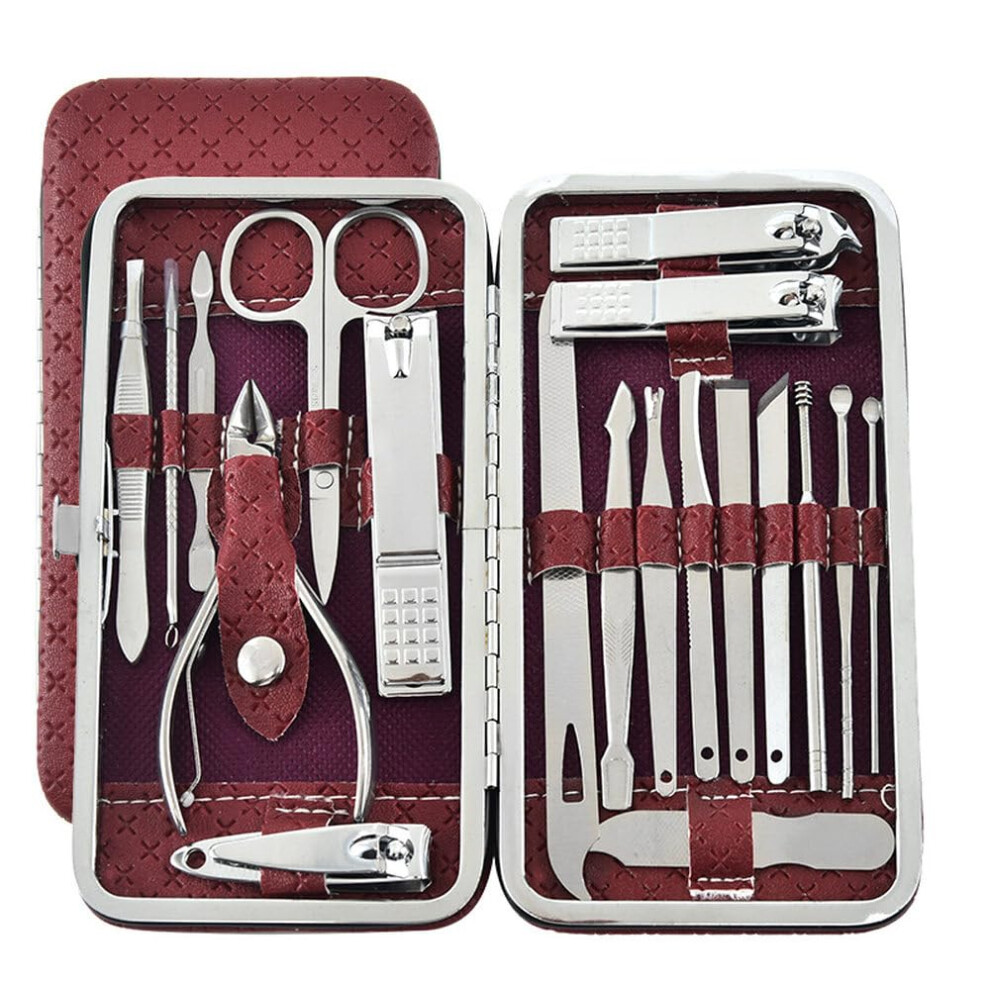 Red Toenail Clippers Pedicure Kit 19Piece Stainless Steel For Ingrown Nails Travel Grooming Set