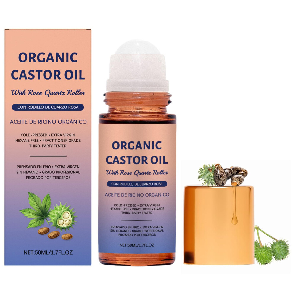 Organic Castor Oil with Rose Quartz Roller, Pure ColdPressed Roll On, Travel Size for Skin
