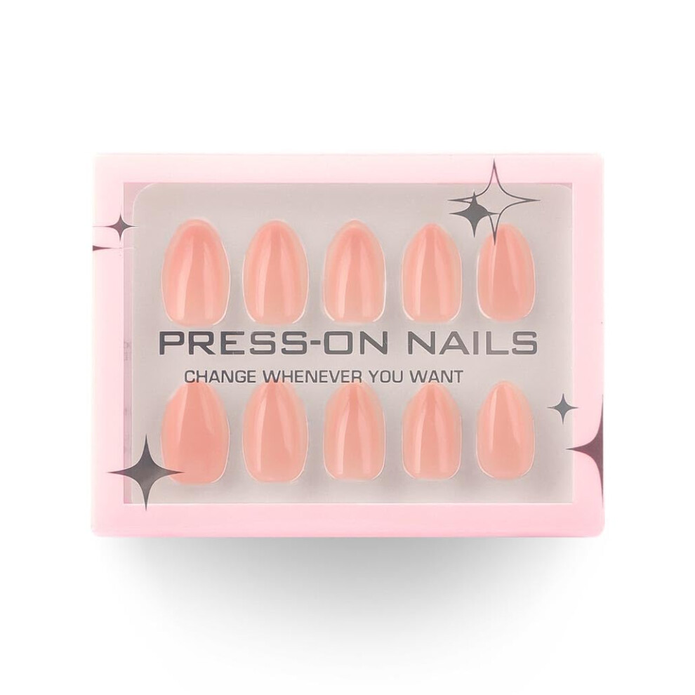 Cream Nude Almond Press On Nails Glossy Fake Nails Medium Length With Adhesive And File 30Pcs