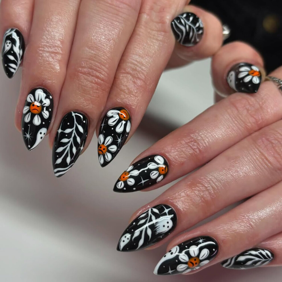 Halloween Almond Press On Nails with Skull and Ghost Design, Glossy Reusable False Nails for Women