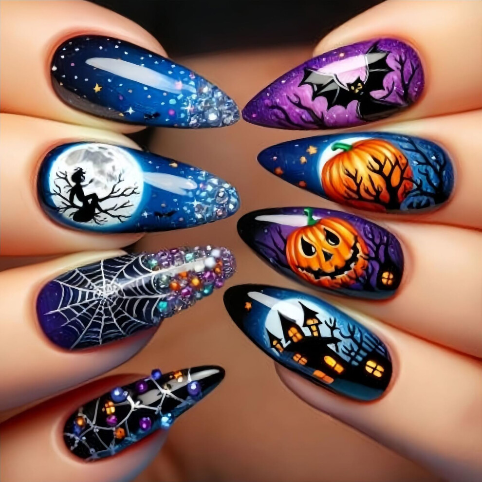 Halloween Press On Nails Almond Shape Pumpkin Bat Design Glossy Acrylic False Nail Set 24Pcs
