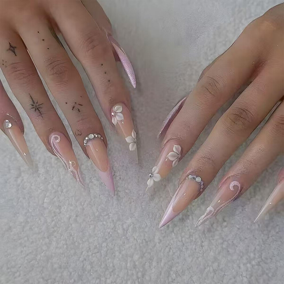 Long Nude Stiletto Press On Nails French Tip with Rhinestones Acrylic Artificial Nails 24 Pcs