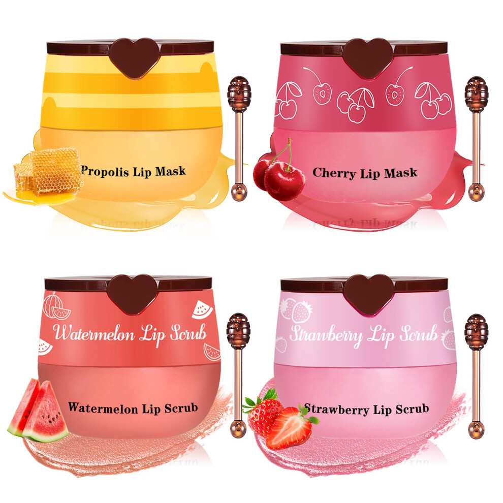 Lip Scrub and Mask Set with Strawberry Watermelon Exfoliator and Honey Cherry Overnight Hydration