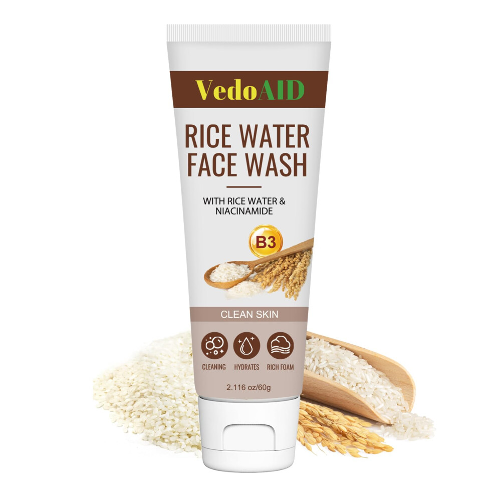 Rice Water Face Wash with Niacinamide Gentle Foaming Cleanser Hydrating for Sensitive Skin 2.1oz