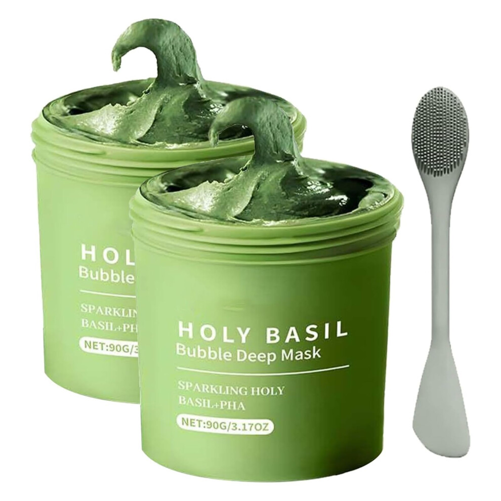 Holy Basil Bubble Clay Face Mask 2PC Deep Cleansing for Pores and Blackheads with Silicone Brush