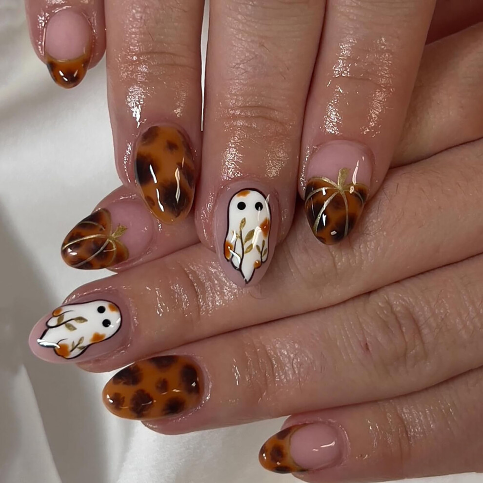Halloween Ghost Design Press on Nails, Pumpkin Almond Shape Fake Acrylic Nails Set, 24pcs