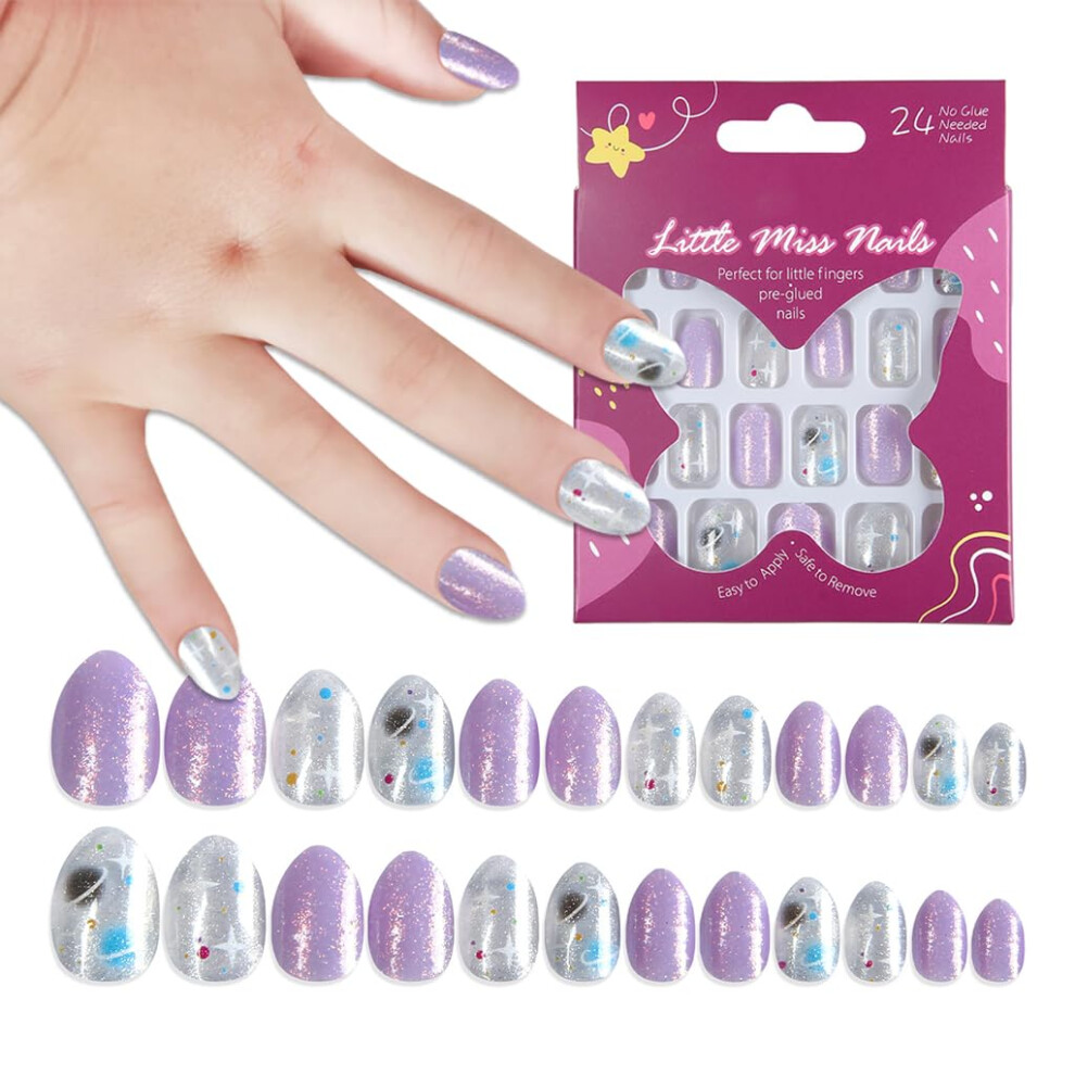 Purple Kids Press On Nails Almond Short Glitter Starburst 24Pcs Safe Adhesive False Nails Set