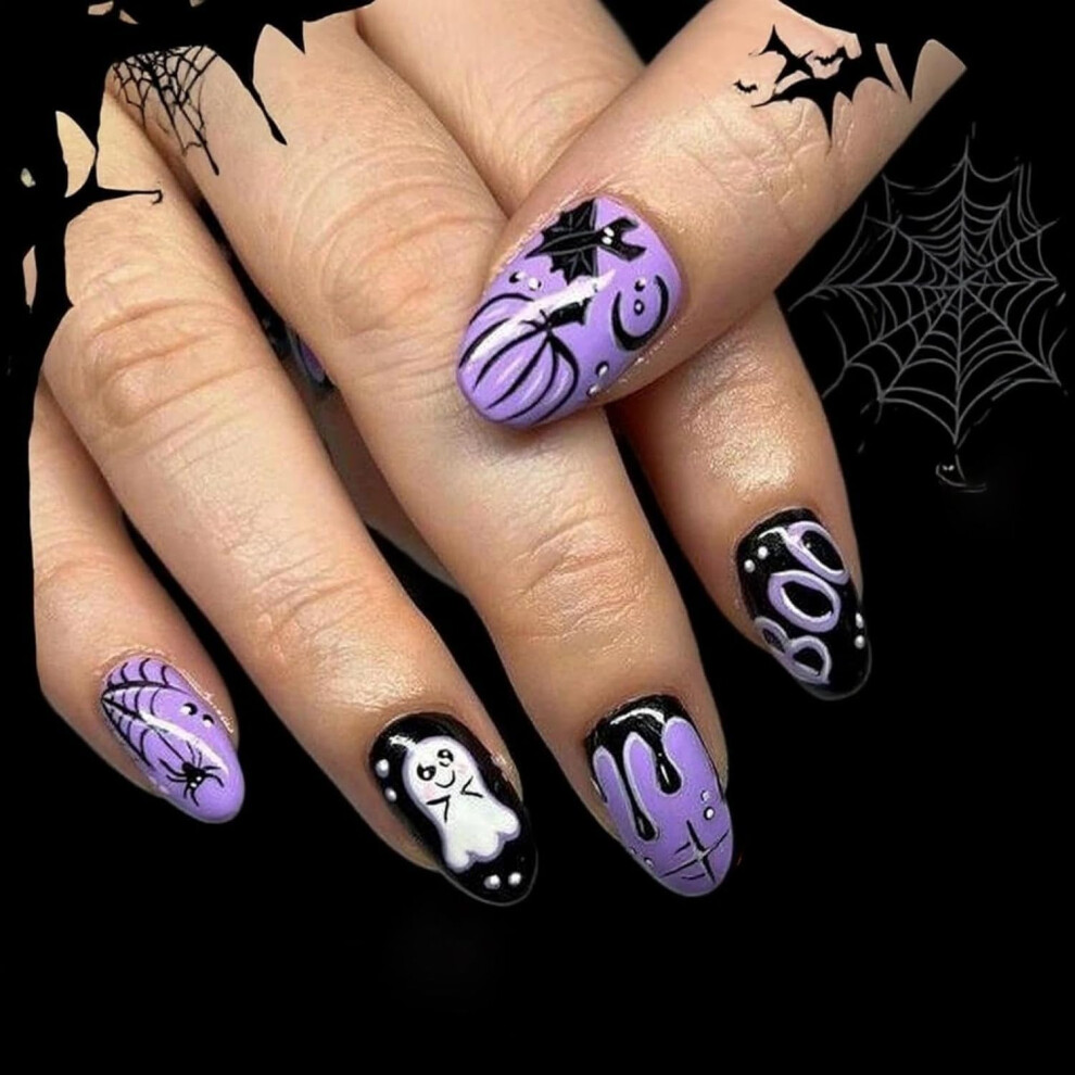 Purple Halloween Short Square Press On Nails With Bat And Pumpkin Designs Reusable Fake Nails