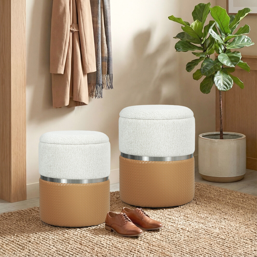 Homcom (Brown) Round Storage Ottoman Set Of 2, Nesting Footrest Stool