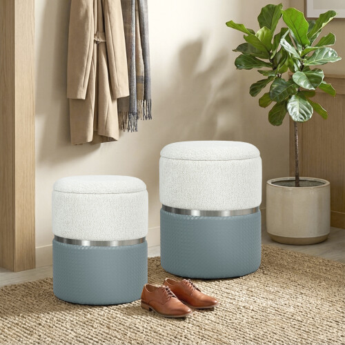 Homcom (Grey) HOMCOM Round Storage Ottoman Set of 2, Nesting Footrest Stool