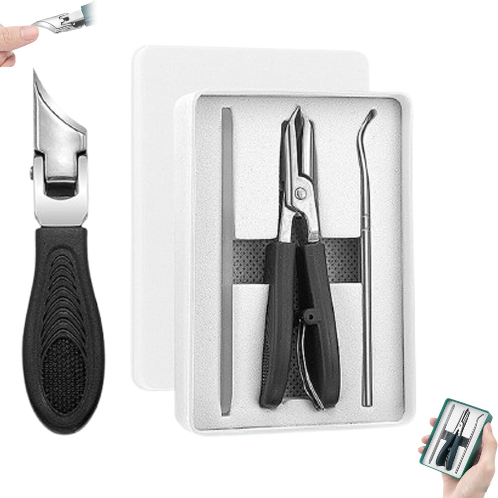 Black Toenail Clippers For Thick Nails, Wide Jaw Stainless Steel With Curved Blade, Antisplash Set