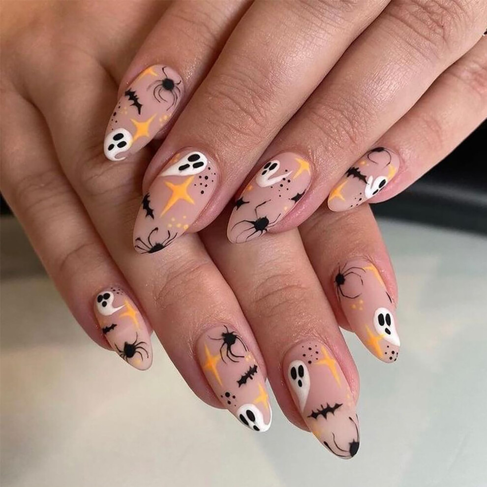 Cream Halloween Press On Nails Medium Almond Shape Fake Nails Ghost Bat Spider Star Nude Reusable Set 24Pcs