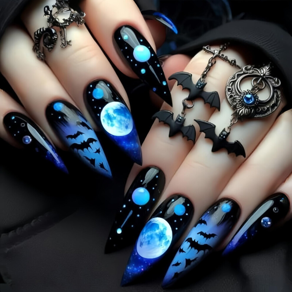 Halloween Press on Nails Long Stiletto Fake Nails with Moon Bat Design Reusable Nail Kit for Women