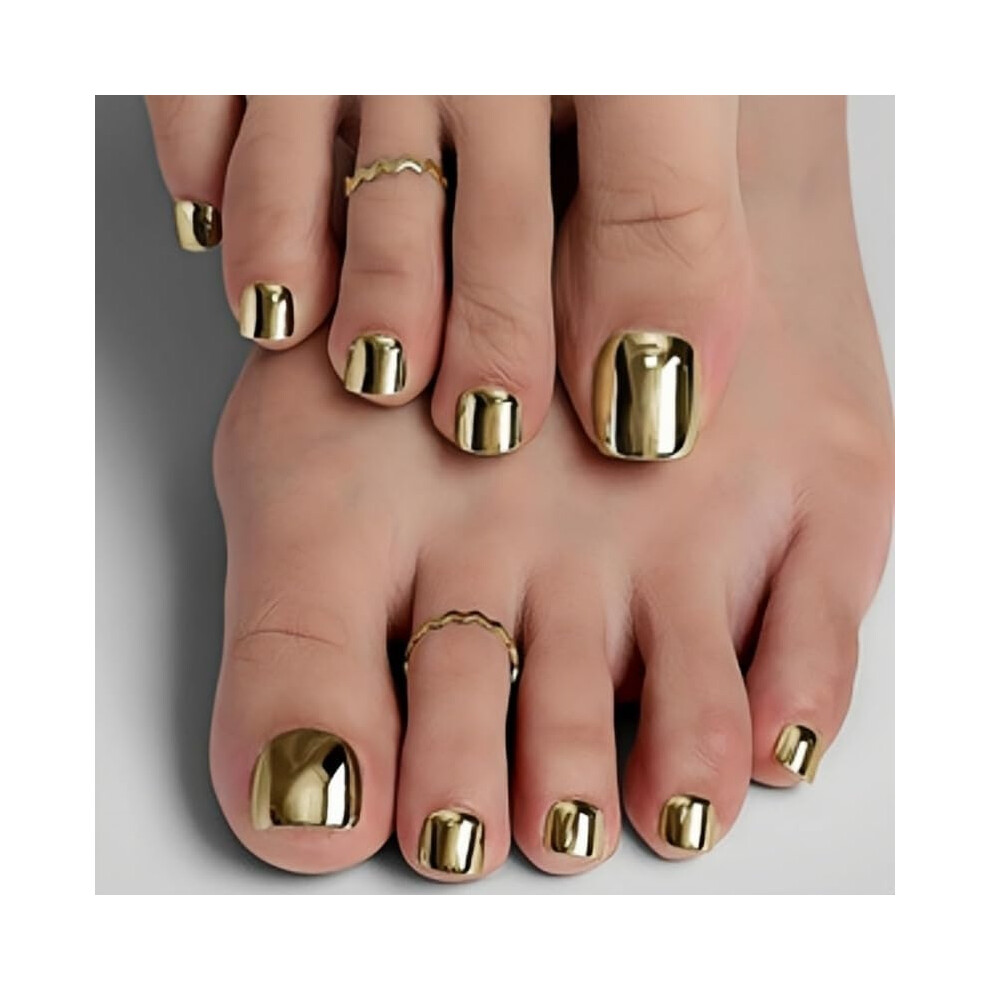 Gold Glitter Press On Toenails Short Square Fake Toe Nails Reusable Glue On Set 24Pcs